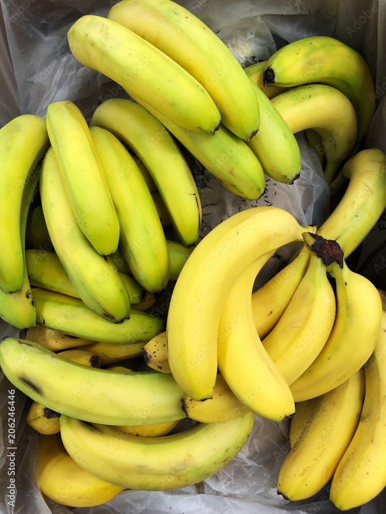 Fresh yellow and green bananas on the market 