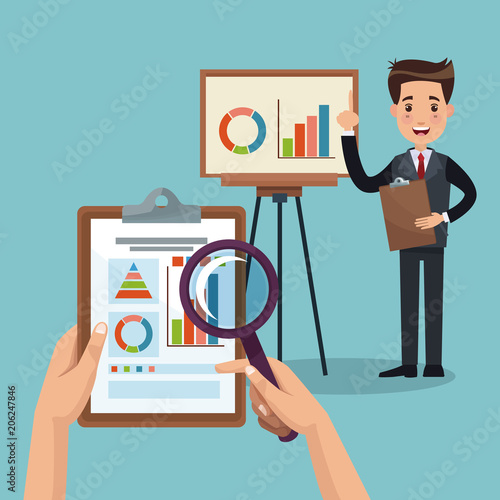 Businessman showing business statistics vector illustration graphic design