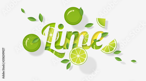 Word lime design decorated with lime fruits and leaves in paper art style , vector , illustration
