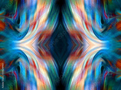 Symmetric futuristic painting. Bright fantasy texture. Neon glow fractal art. Abstract digital artwork. Background template for design products decoration. Creative print for canvas  textile or fabric