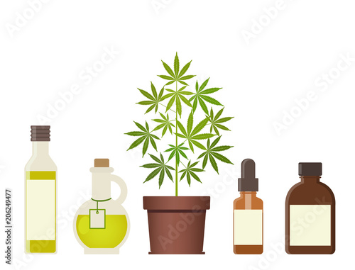 Marijuana plant and cannabis oil. Medical marijuana. Hemp oil in a jar. CBD oil hemp products. Oil glass bottle mock up. Packaging product label and logo graphic template. Vector illustration.