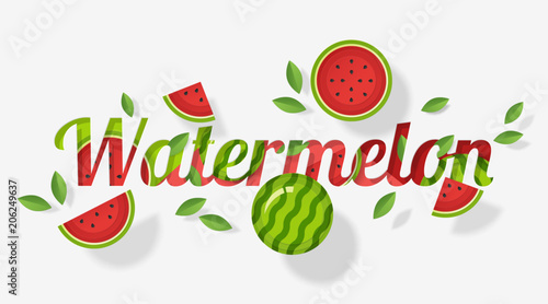 Fototapeta Naklejka Na Ścianę i Meble -  Word watermelon design decorated with watermelon fruits and leaves in paper art style , vector , illustration