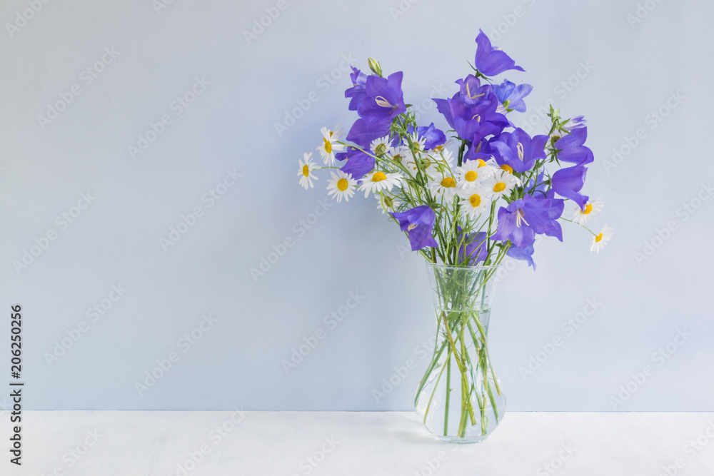 Summer blue flowers in a vase on a light blue background