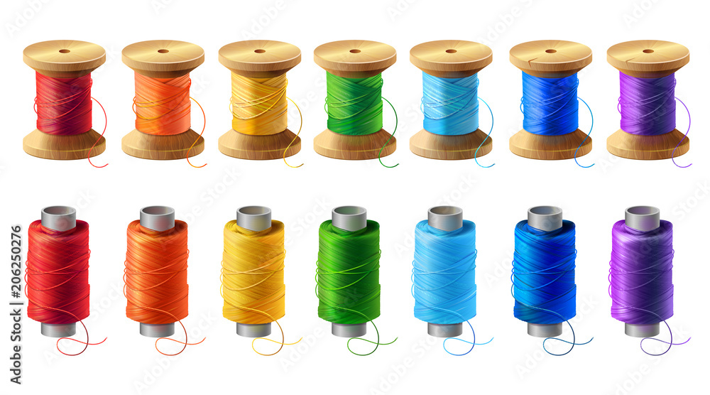 Αυτοκόλλητο Vector realistic set of wooden and plastic bobbins, spools with colored thread isolated on background