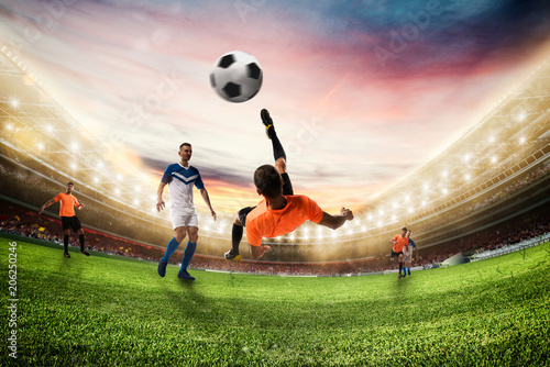 Soccer striker hits the ball with an acrobatic bicycle kick. 3D Rendering © alphaspirit