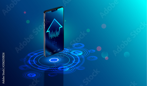Smartphone with digital logo smart home stand at iot icons. Smart phone controls devices of smart home via wireless connection and voice commands. Internet of things concept.