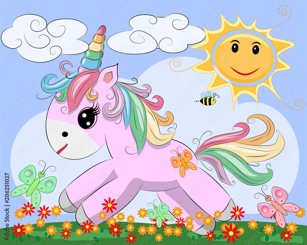 Fototapeta Mały różowy cute cartoon Jednorożec na polanie z tęczy, kwiaty, słońce. Pocztówka, wiosna, magia