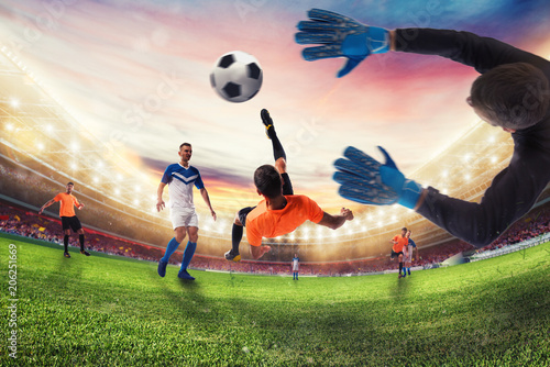Soccer striker hits the ball with an acrobatic bicycle kick. 3D Rendering photo