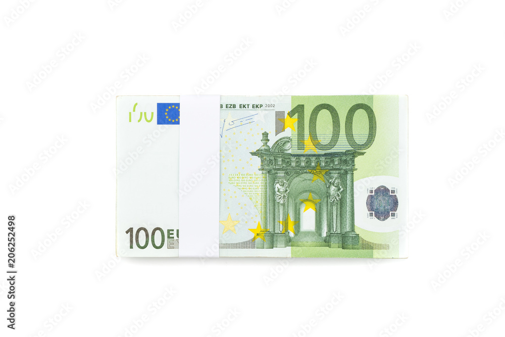 Stack of one hundred euro bills isolated on white background for financial, banking and business. Stack of one hundred euro bills isolated on white background for financial, banking and business.