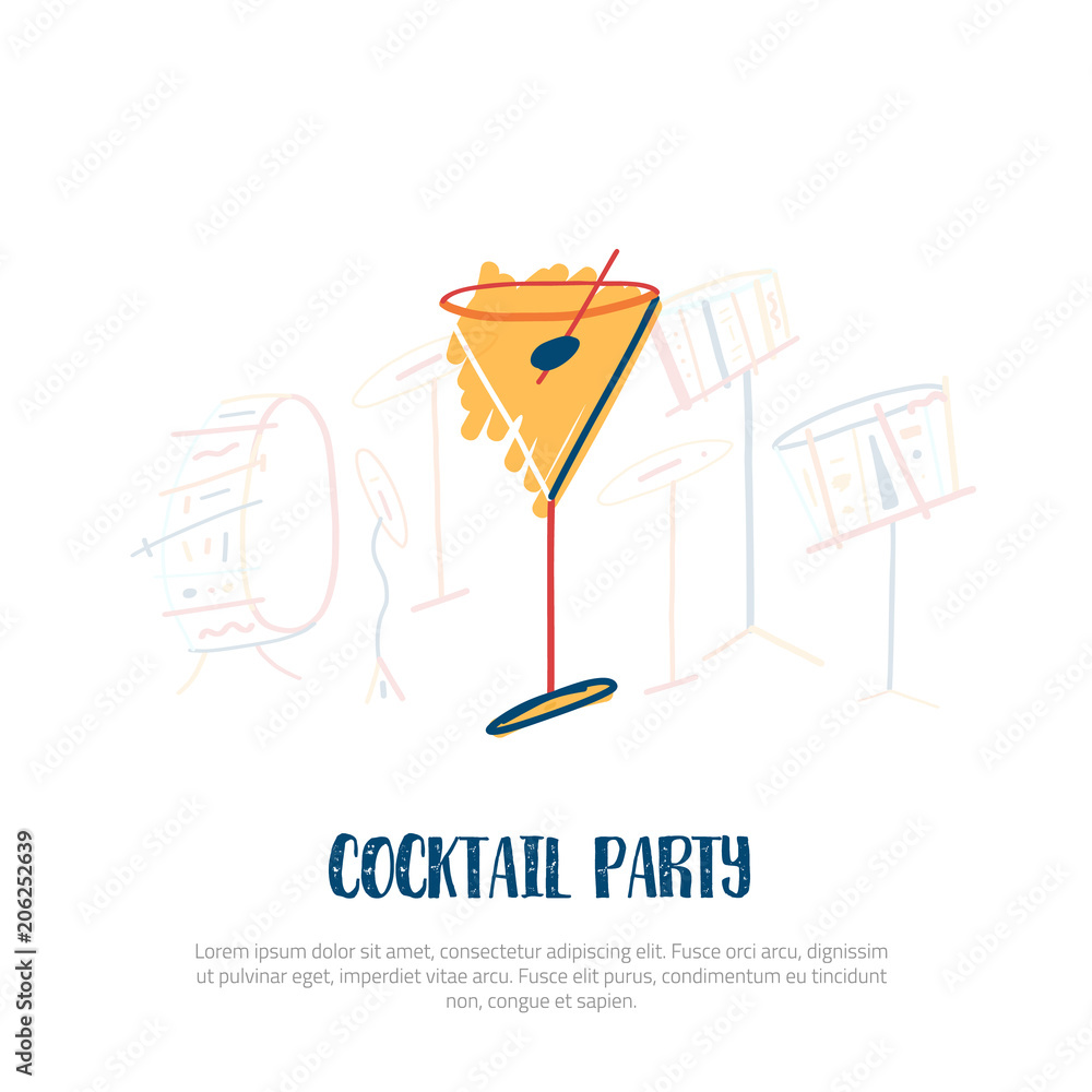 Cocktail party invitation card with glass and drum instruments on background. Colorful composition Cocktail party invitation card with glass and drum instruments on background. Colorful composition