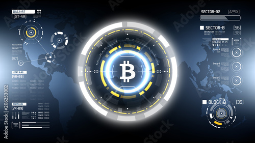 Bitcoin cryprocurrency futuristic vector HUD infographics. Worldwide digital money technology