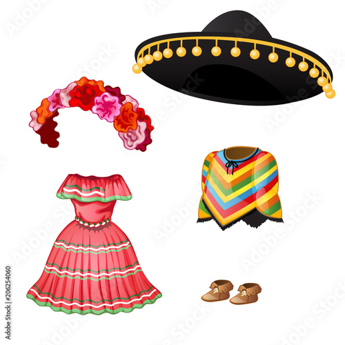 The elements of the national mens and womens clothing isolated on a white background. Vector cartoon close-up illustration.