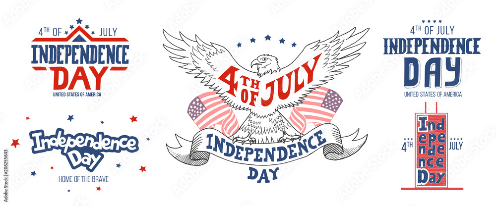 Independence day of the United States, 4th of July. Hand-drawn typography set.