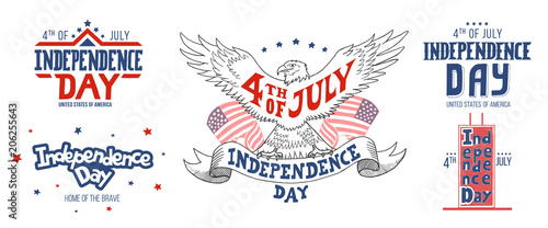 Independence day of the United States  4th of July. Hand-drawn typography set.