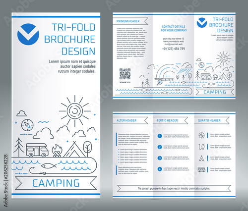 Tri-fold brochure template, on the topic of recreation and tourism. Camping and fishing tools. Vector modern line art illustration.