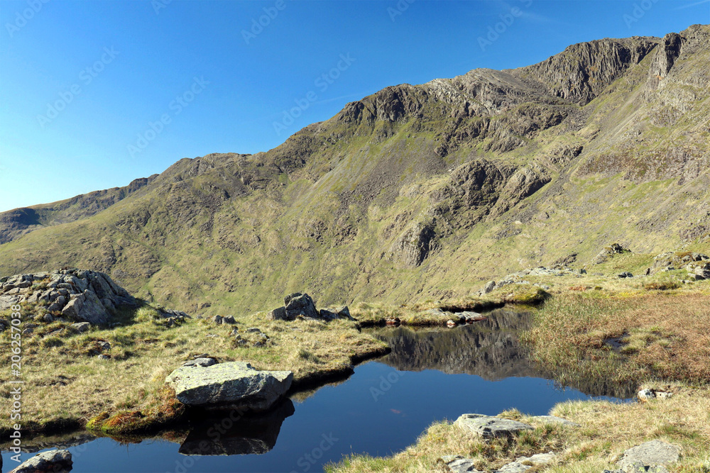 Blue skies over a deep blue lake reflecting surrounding mountains, in the Lake District National Park 