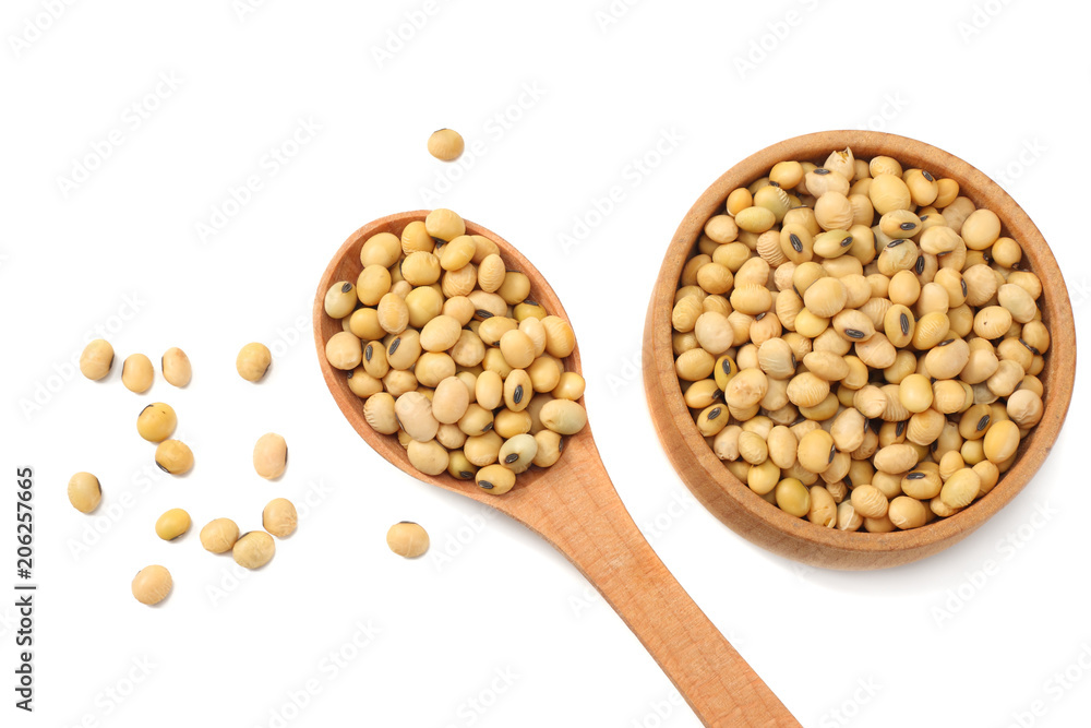 Soybeans in wooden bowl isolated on white background. top view Soybeans in wooden bowl isolated on white background. top view
