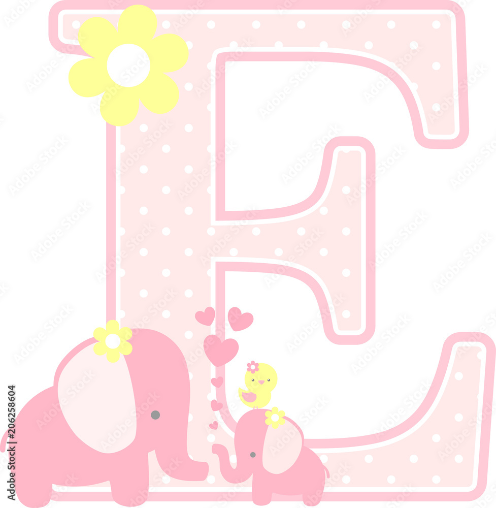 initial e with cute elephant and little baby elephant isolated on white. can be used for mother's day card, baby girl birth announcements, nursery decoration, party theme or birthday invitation