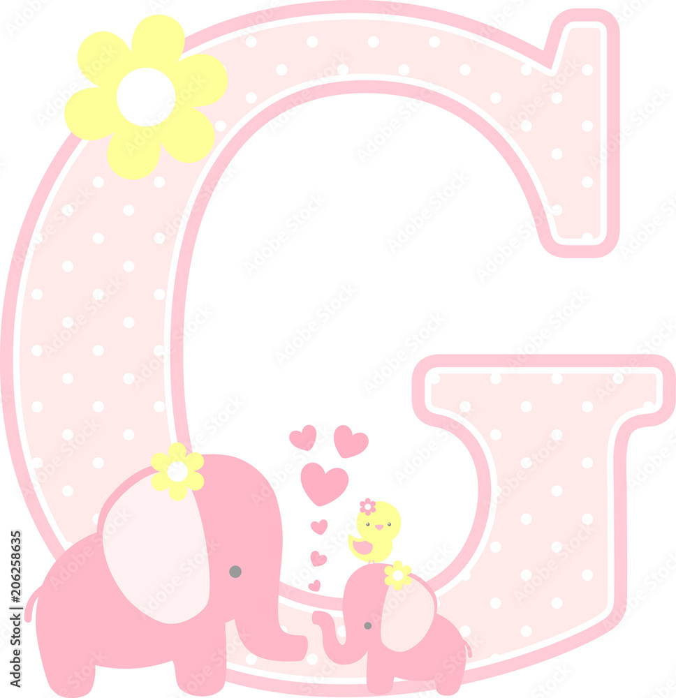 initial g with cute elephant and little baby elephant isolated on white. can be used for mother's day card, baby girl birth announcements, nursery decoration, party theme or birthday invitation
