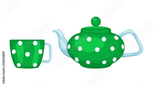 Tea set: tea pot and cup of tea. Vector illustration.