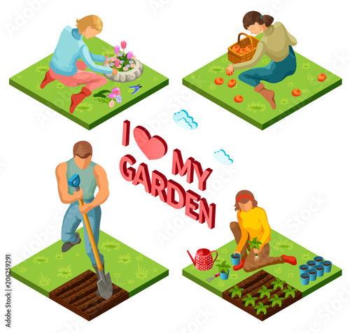 Farmers at work. Set isometric gardeners collection. isolated vector illustration.