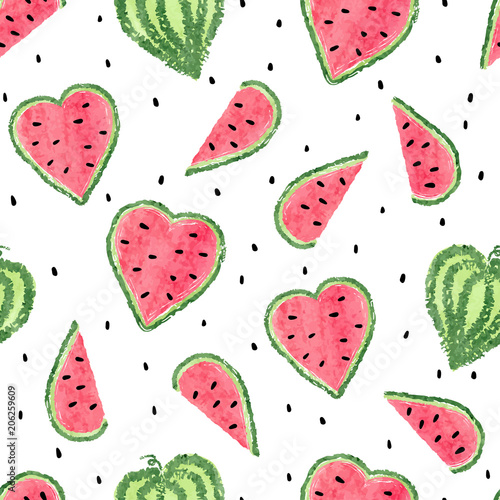 Watercolor watermelons pattern. Seamless vector background with heart shaped watermelon slices.