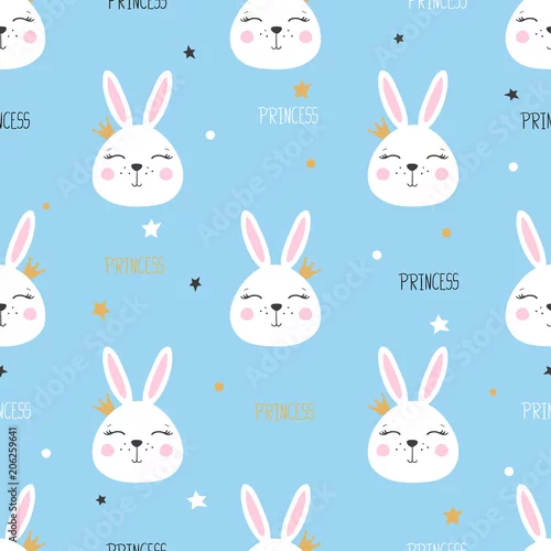 Tapety Wzór księżniczki bez szwu z cute Zajączek na niebieskim tle.