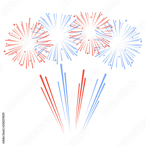 Red and blue exploding fireworks with stars. Vector illustration
