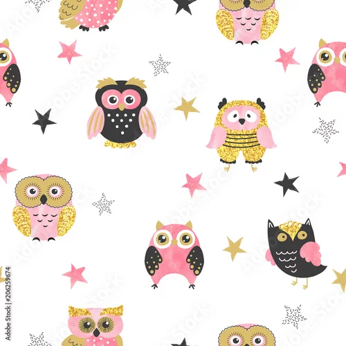 Tapety Wzór ładny sowy w kolorach różowym, czarnym i złotym.
