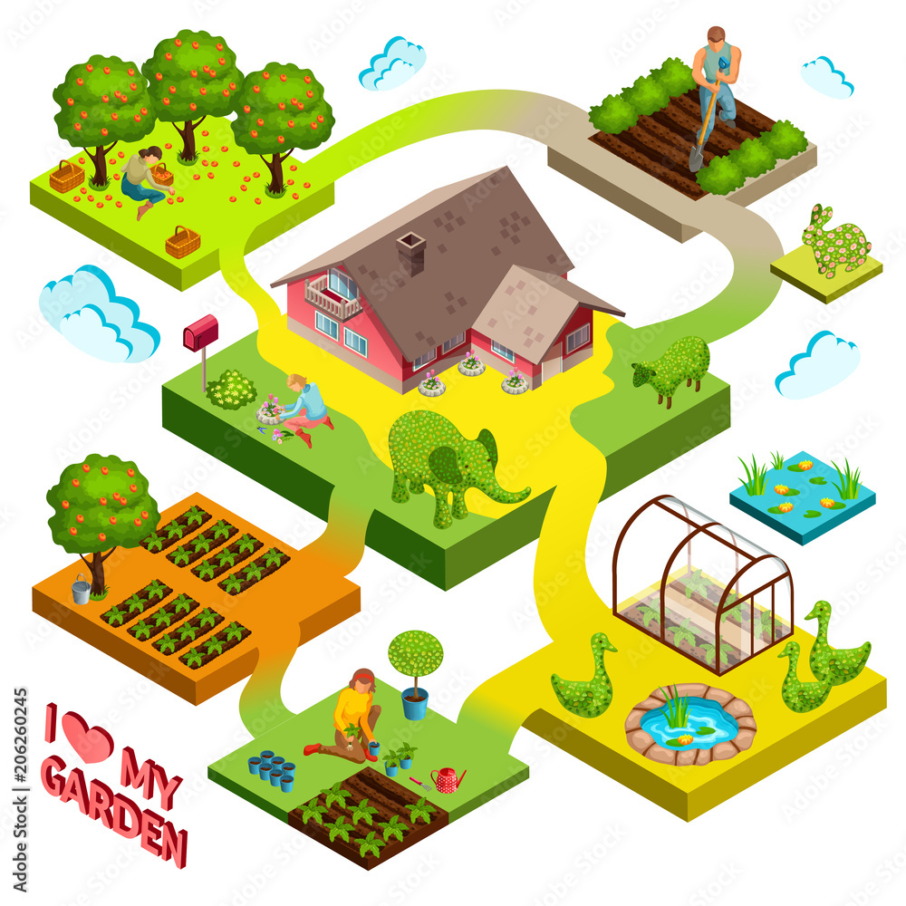 The woman is working in the garden. House with seedlings and flowers. 3d isometric view. Vector illustration. The woman is working in the garden. House with seedlings and flowers. 3d isometric view. Vector illustration.