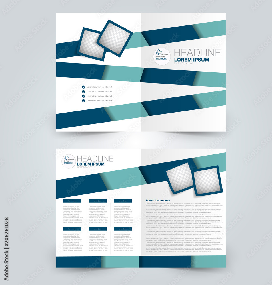 Fold brochure template. Flyer background design. Magazine or book cover, business report, advertisement pamphlet. Blue color.