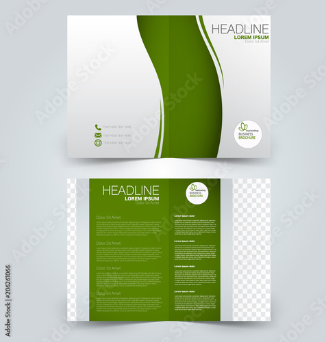 Fold brochure template. Flyer background design. Magazine or book cover, business report, advertisement pamphlet. Green color. Vector illustration.