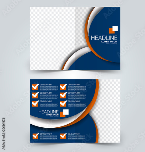 Fold brochure template. Flyer background design. Magazine or book cover, business report, advertisement pamphlet. Blue and orange color. Vector illustration.