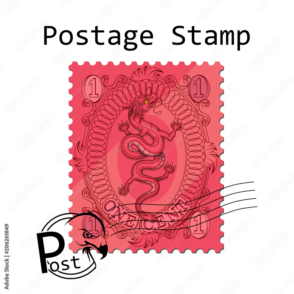Obraz premium Postage Stamp on white background. beautiful Red Dragon stamp. Vector graphics to design.
