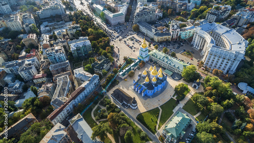 Aerial view on Mikhaylovsky Zlatoverkhy the monastery, the building of the Ministry of Foreign Affairs of Ukraine and houses near Mykhailivs'ka Square.