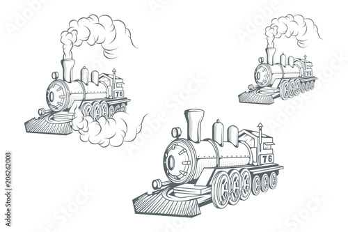 Set of old train logo. Locomotive drawing. Steam transport. Vector graphics to design. photo