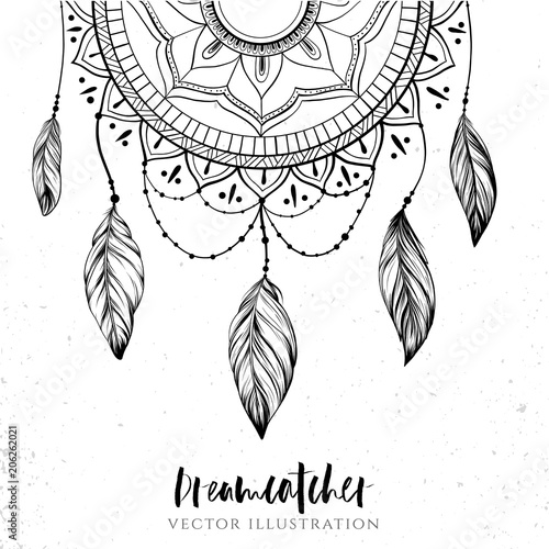 Dreamcatcher with feathers and branches. Sweet dream. Native American Indian talisman. Vector hand drawn illustration isolated on white background. Boho design, tattoo art.