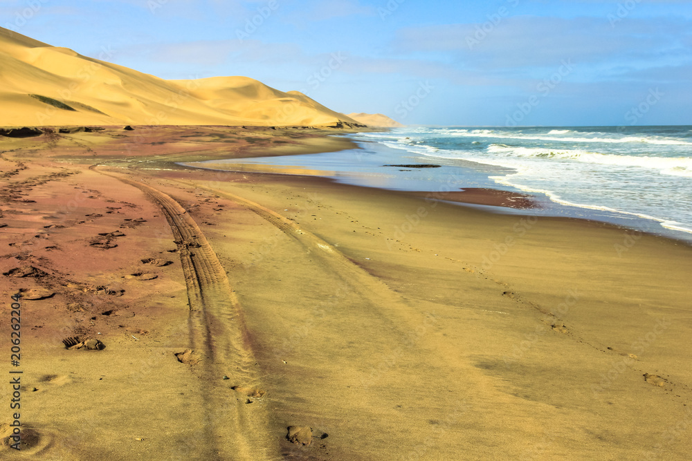 Sandwich Harbour, Walvis Bay, is a part of the Namib Naukluft Park Namibia. Wild and remote area accessible only by off-road.