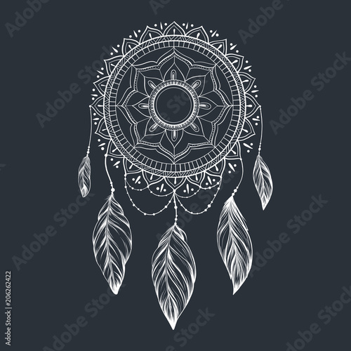 Dreamcatcher with feathers and branches. Sweet dream. Native American Indian talisman. Vector hand drawn illustration isolated on white background. Boho design, tattoo art.