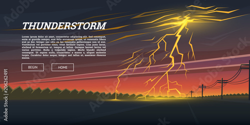 Lightning Strike and Rain. Thunderstorm day in the valley Background. thunder bolt, sparkle flash glow effect. Night cityscape. Realistic Urban landscape. Summer storm. natural disaster or cataclysm.