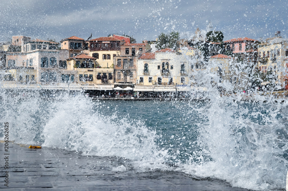 The spray of the waves, the waterfront of Chania.