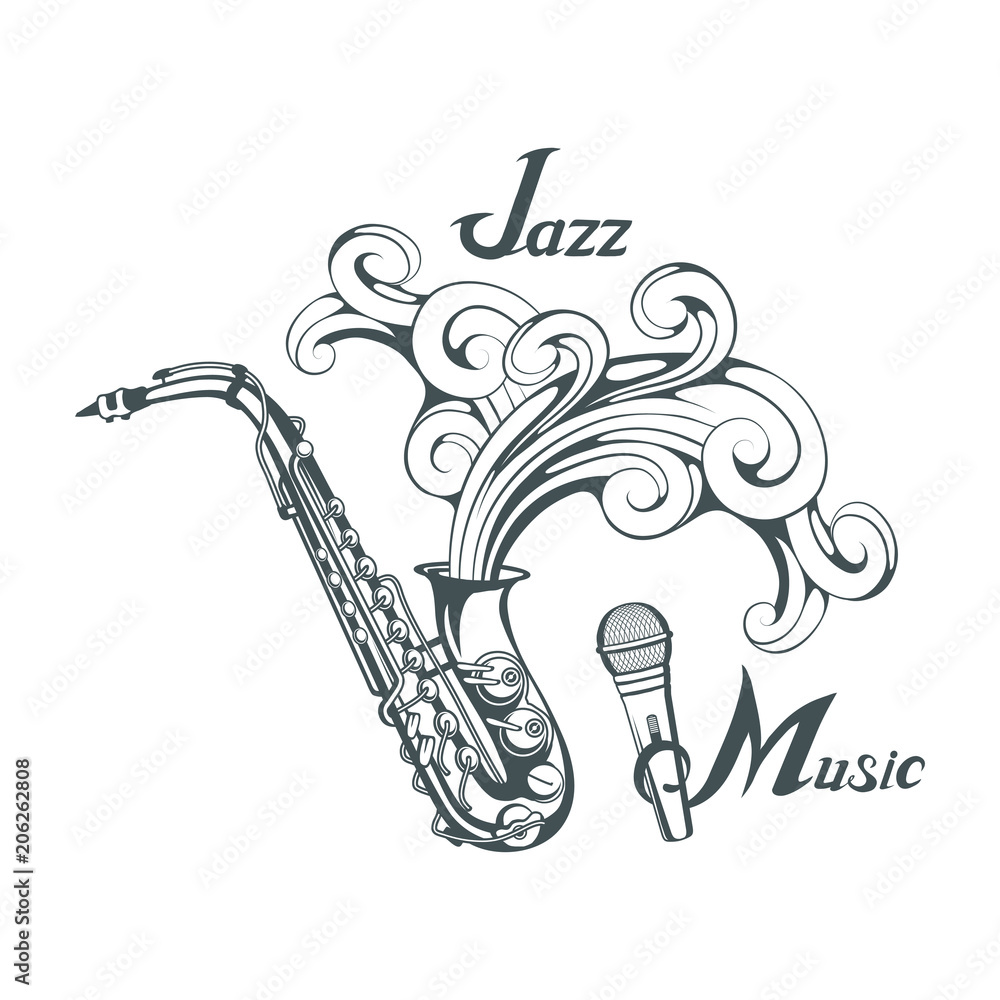 jazz player with saxophone. Saxophone player. Lettering with a