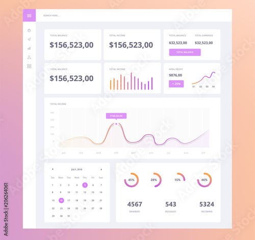 Infographic dashboard template with flat design graphs and charts. Information Graphics UI elements for web and mobile application