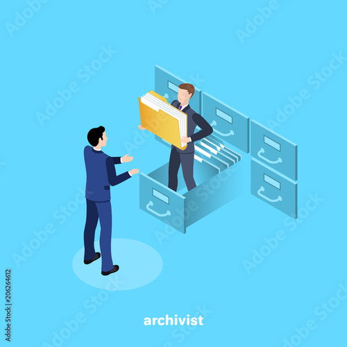 a man in a business suit issues a folder with documents from the archive, an isometric image