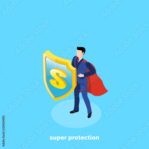 man in business suit and cloak of a superhero with a gold shield, isometric image