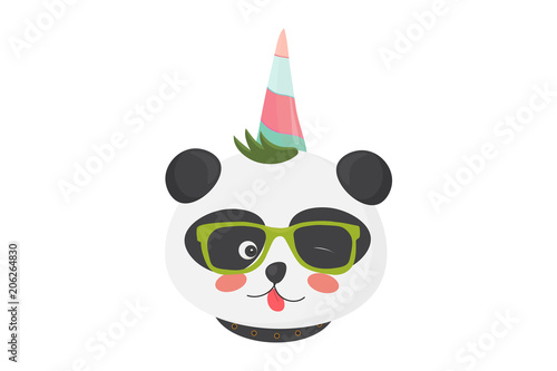 Vector illustration: cute geek panda unicorn. photo