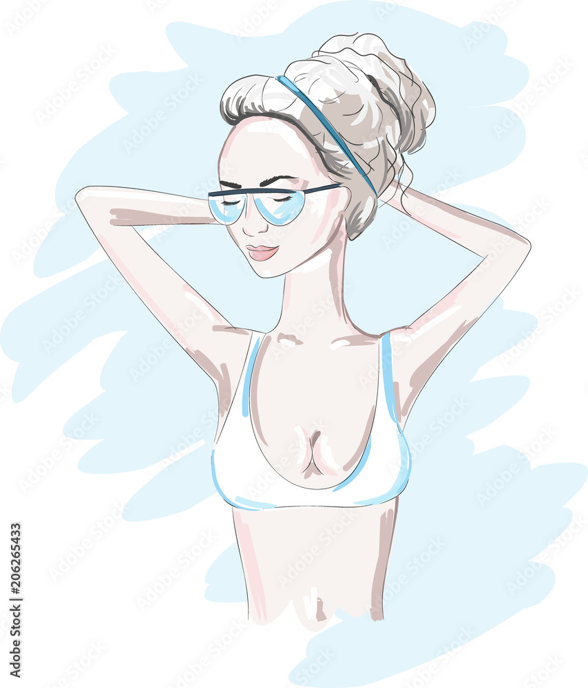 Hand drawn beautiful woman portrait in a bathing suit. fashionable girl with hair gathered at the top. summer time. Sketch. Vector illustration.