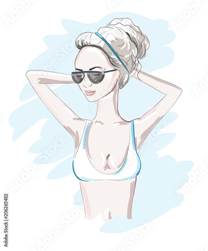 Hand drawn beautiful woman portrait in a bathing suit. fashionable girl with hair gathered at the top. summer time. Sketch. Vector illustration.