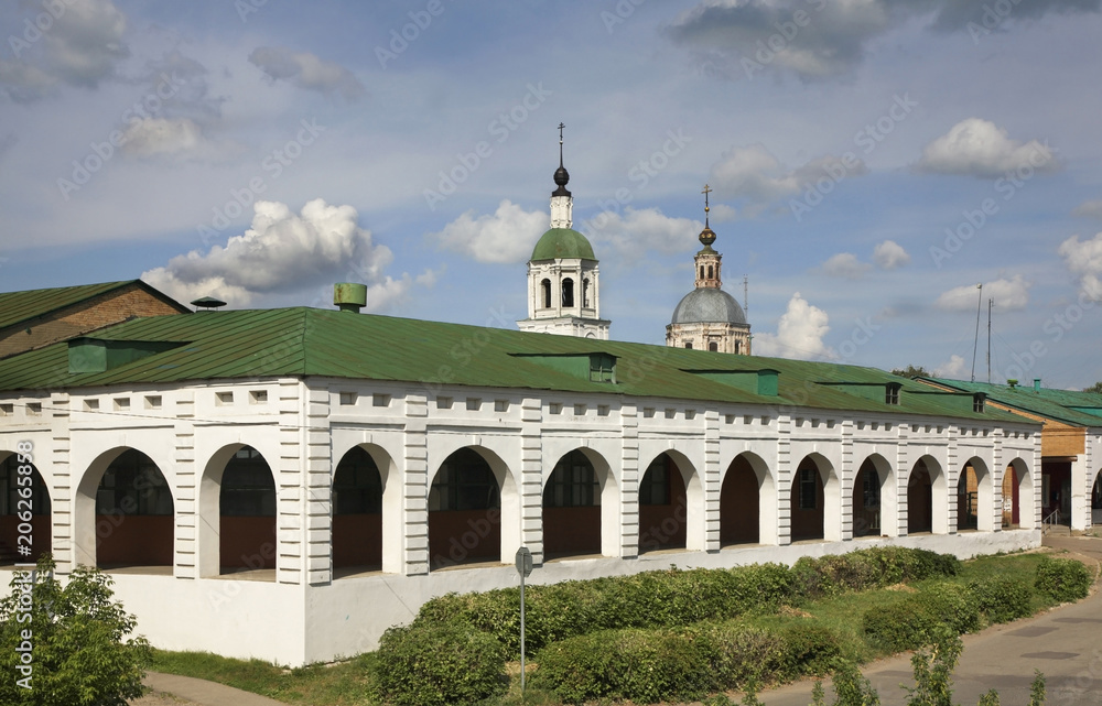Gostinyi dvor and church of Trinity of Life-Giving in Zaraysk. Russia