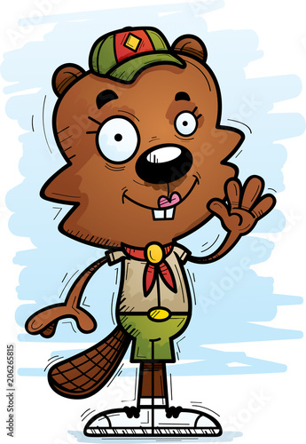 Cartoon Female Beaver Scout Waving